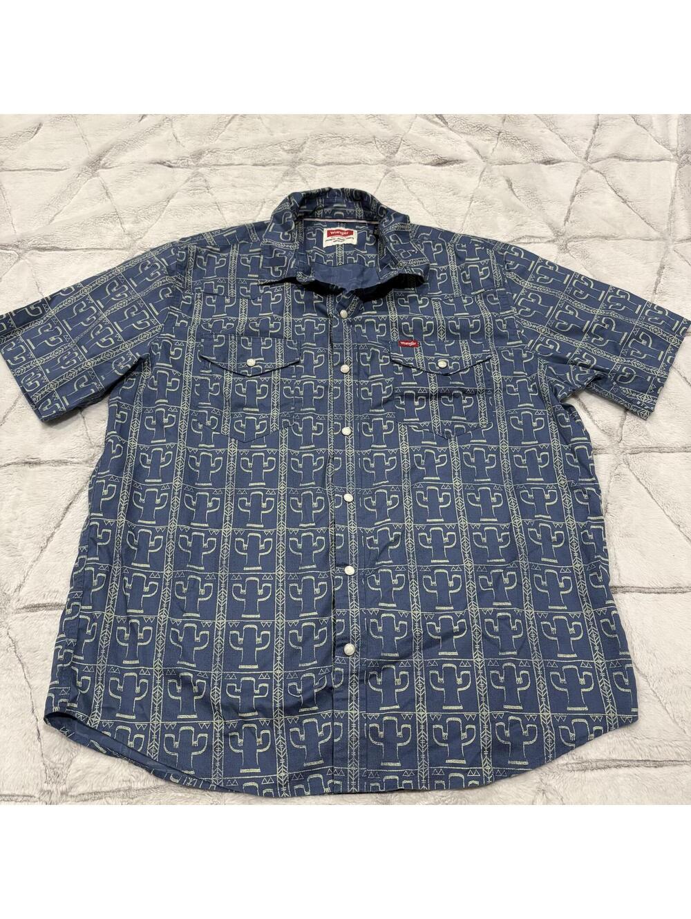 Wrangler Western Blue Cactus Print Short Sleeve Shirt Men L Cotton Pearl Snap
